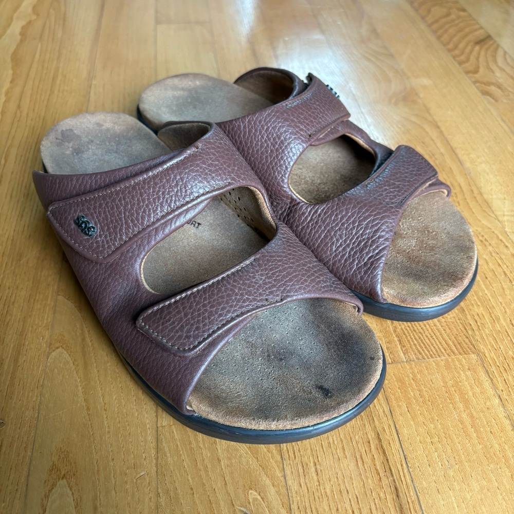 SAS Cozy Leather Slide Sandals Comfortable brown Adjustable Amber Women’s Sz 8.5